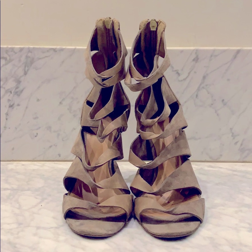 L.A.M.B. Tan twisted suede & leather sandals